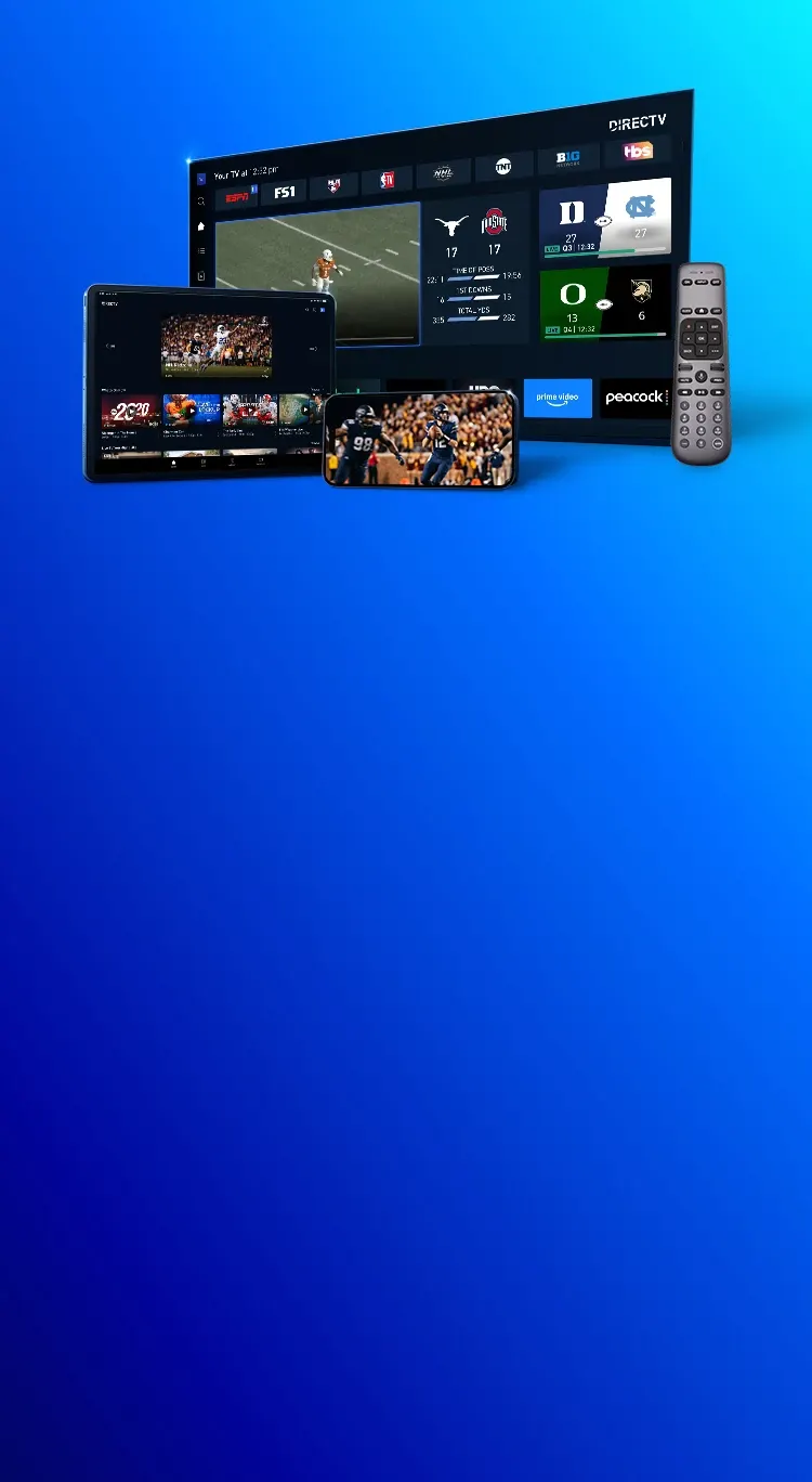 A smart TV, tablet, smartphone and DIRECTV Voice Remote are stacked in front of each other each showing the DIRECTV app experience displaying available football sports content and featured games.